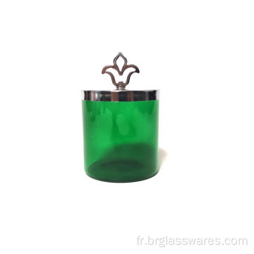 Pot à bougie en verre coloré avec couvercle à bouton en forme de flamme